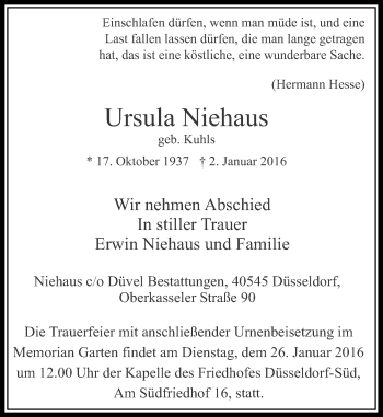 Traueranzeige von Ursula Niehaus von Rheinische Post
