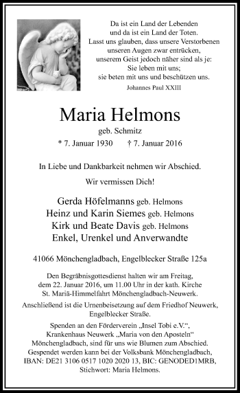 Traueranzeige von Maria Helmons von Rheinische Post