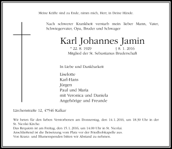Traueranzeige von Karl Johannes Jamin von Rheinische Post