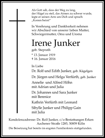 Traueranzeige von Irene Junker von Rheinische Post