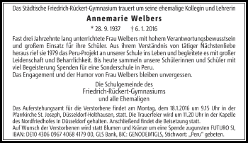 Traueranzeige von Annemarie Welbers von Rheinische Post