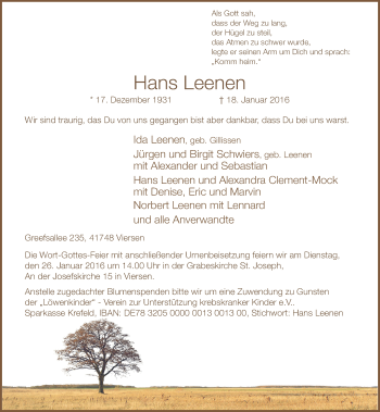 Traueranzeige von Hans Leenen von Rheinische Post