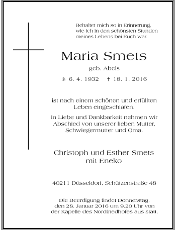 Traueranzeige von Maria Smets von Rheinische Post