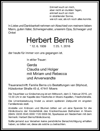 Traueranzeige von Herbert Berns von Rheinische Post