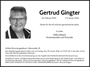 Traueranzeige von Gertrud Gingter von Rheinische Post