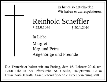 Traueranzeige von Reinhold Scheffler von Rheinische Post