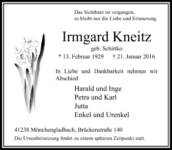 Traueranzeige von Irmgard Kneitz von Rheinische Post