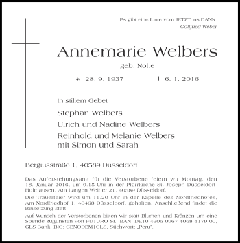 Traueranzeige von Annemarie Welbers von Rheinische Post