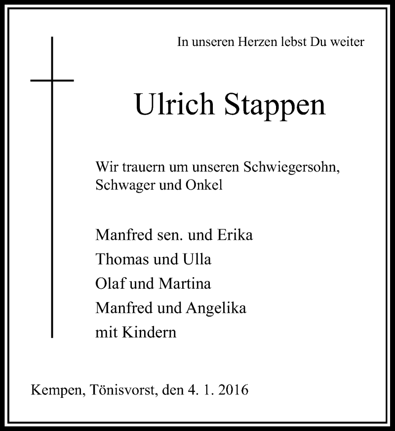  Traueranzeige für Ulrich Stappen vom 09.01.2016 aus Rheinische Post
