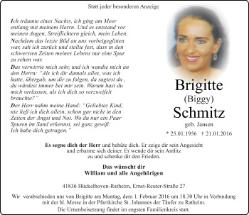 Traueranzeige von Brigitte Schmitz von Rheinische Post