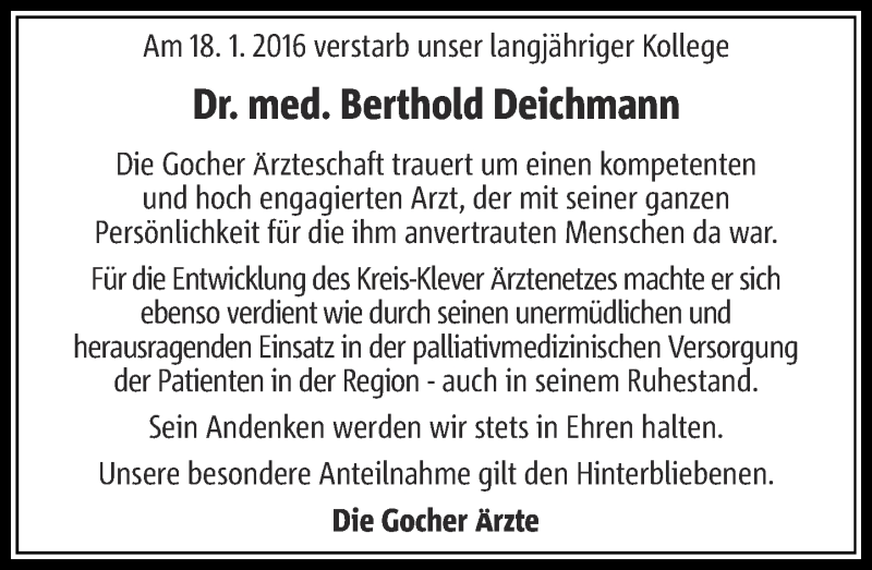  Traueranzeige für Berthold Deichmann vom 28.01.2016 aus Rheinische Post