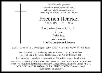 Traueranzeige von Friedrich Henckel von Rheinische Post