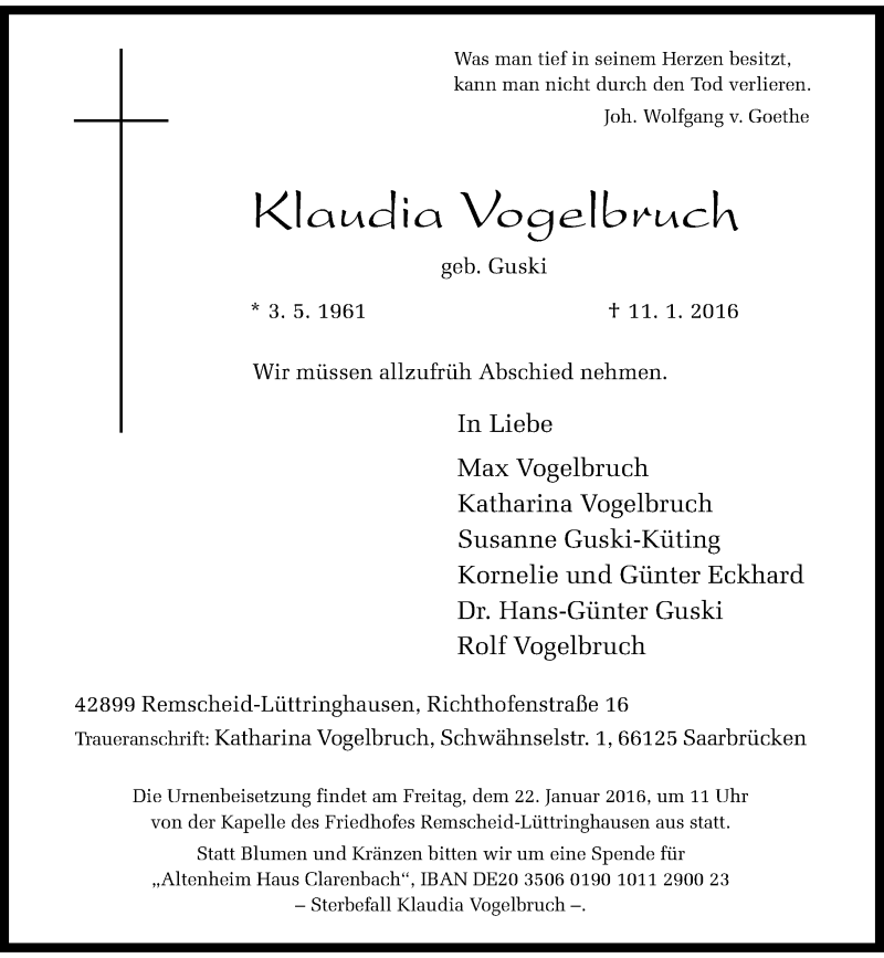  Traueranzeige für Klaudia Vogelbruch vom 16.01.2016 aus Rheinische Post