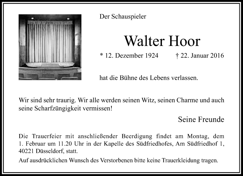  Traueranzeige für Walter Hoor vom 27.01.2016 aus Rheinische Post