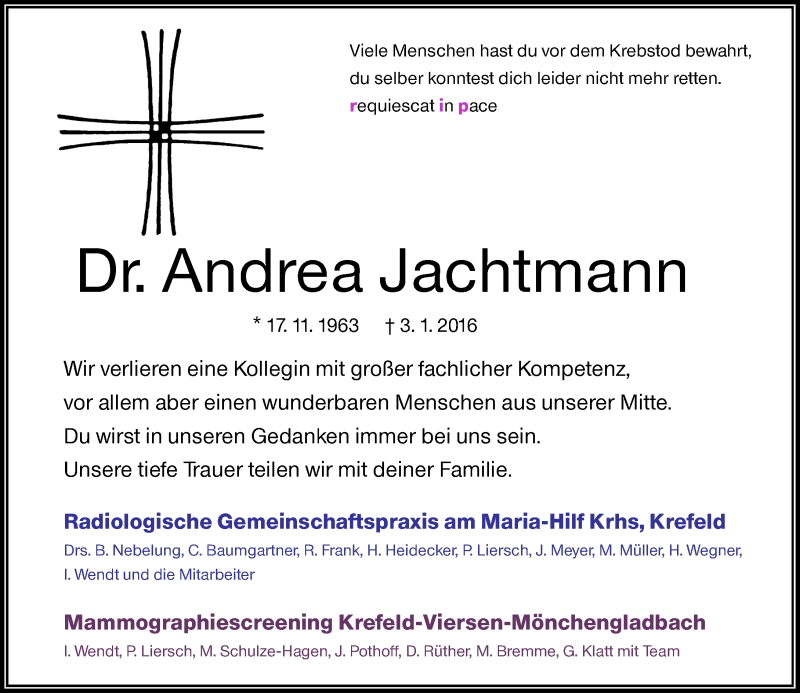  Traueranzeige für Andrea Jachtmann vom 09.01.2016 aus Rheinische Post