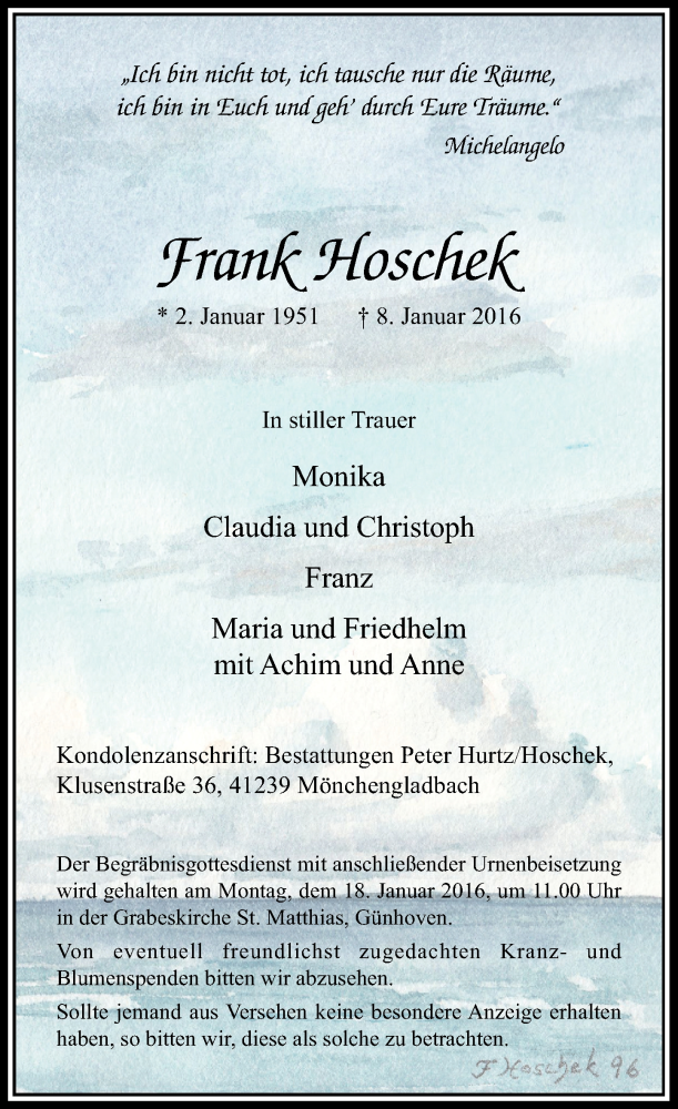  Traueranzeige für Frank Hoschek vom 16.01.2016 aus Rheinische Post