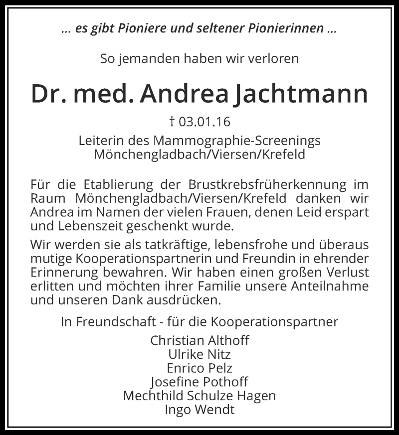  Traueranzeige für Andrea Jachtmann vom 15.01.2016 aus Rheinische Post