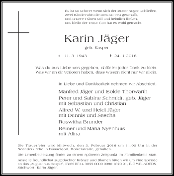 Traueranzeige von Karin Jäger von Rheinische Post