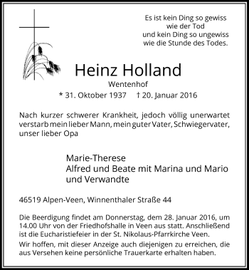 Traueranzeige von Heinz Holland von Rheinische Post