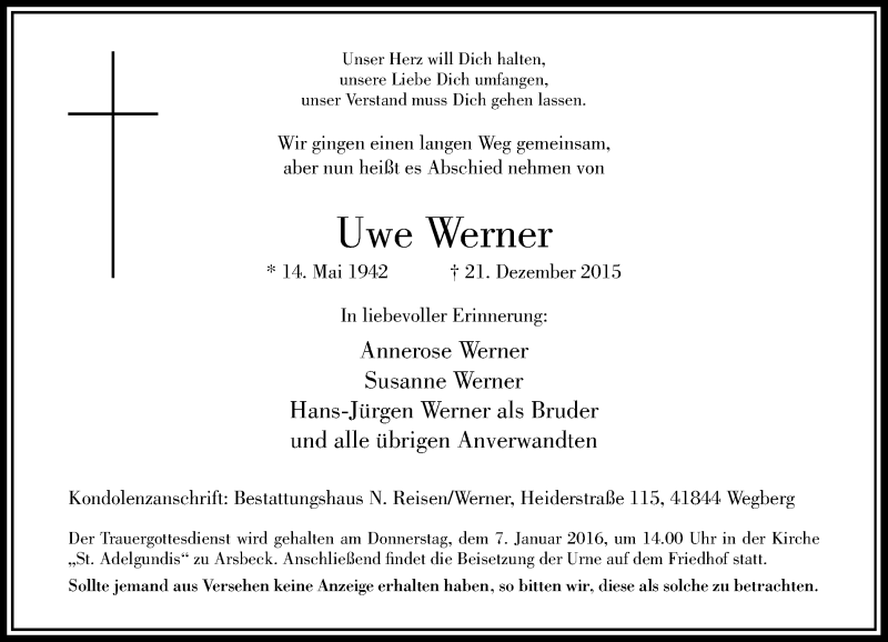  Traueranzeige für Uwe Werner vom 02.01.2016 aus Rheinische Post