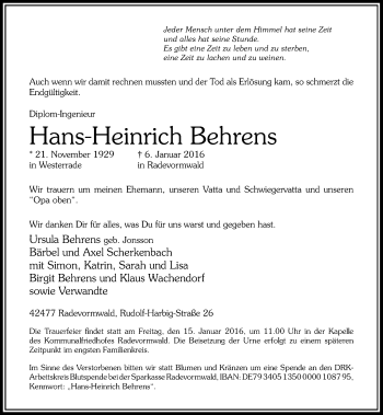 Traueranzeige von Hans-Heinrich Behrens von Rheinische Post