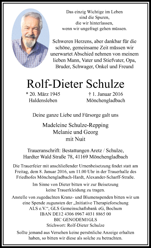  Traueranzeige für Rolf-Dieter Schulze vom 05.01.2016 aus Rheinische Post