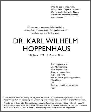 Traueranzeige von Karl Wilhelm Hoppenhaus von Rheinische Post