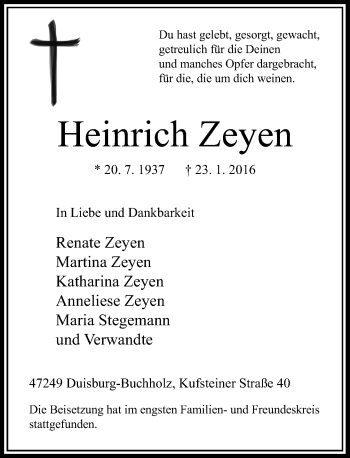 Traueranzeige von Heinrich Zeyen von Rheinische Post