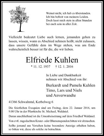 Traueranzeige von Elfriede Kuhlen von Rheinische Post