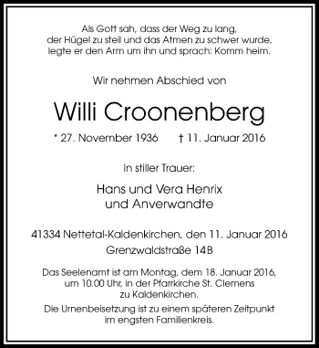 Traueranzeige von Willi Croonenberg von Rheinische Post