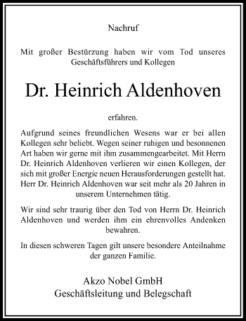 Traueranzeige von Heinrich Aldenhoven von Rheinische Post