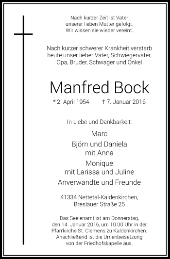 Traueranzeige von Manfred Bock von Rheinische Post