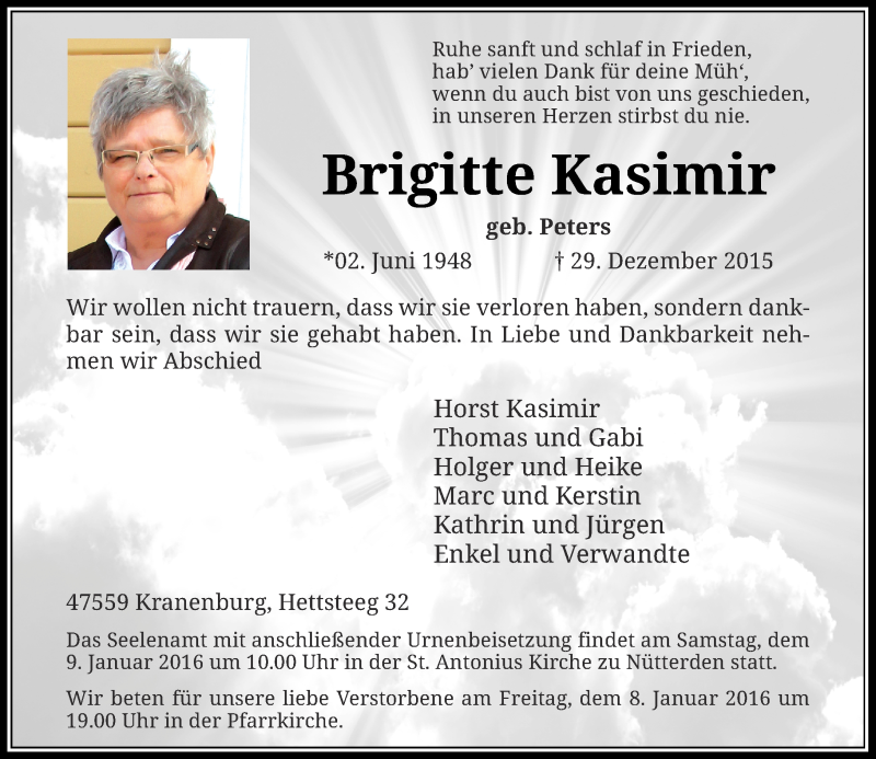  Traueranzeige für Brigitte Kasimir vom 04.01.2016 aus Rheinische Post