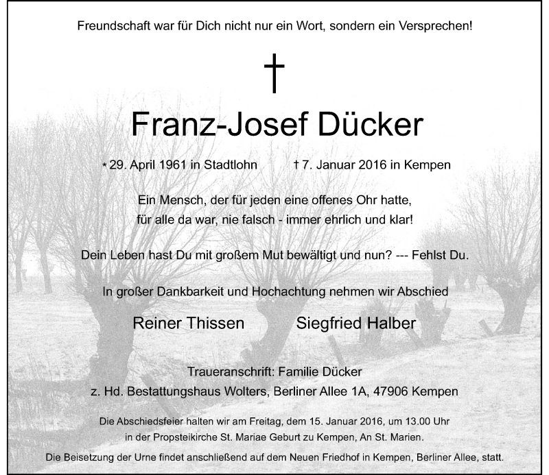  Traueranzeige für Franz-Josef Dücker vom 13.01.2016 aus Rheinische Post