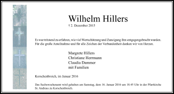 Traueranzeige von Wilhelm Hillers von Rheinische Post