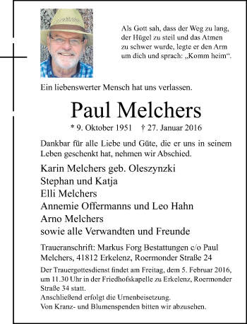 Traueranzeige von Paul Melchers von Rheinische Post