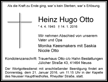 Traueranzeige von Heinz Hugo Otto von Rheinische Post