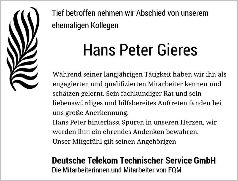  Traueranzeige für Hans Peter Gieres vom 07.01.2016 aus Rheinische Post