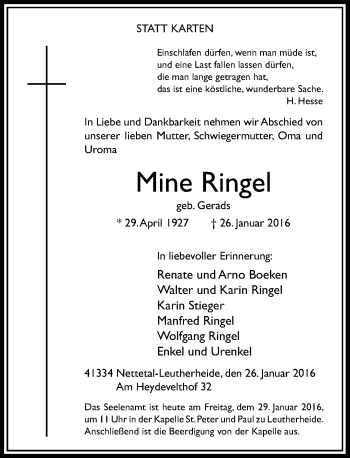 Traueranzeige von Mine Ringel von Rheinische Post