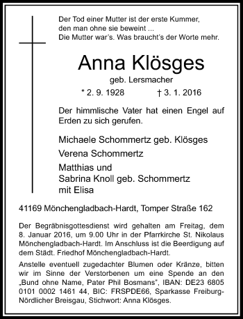 Traueranzeige von Anna Klösges von Rheinische Post