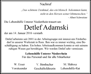 Traueranzeige von Detlef Adamski von Rheinische Post