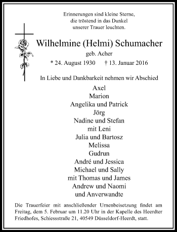 Traueranzeige von Wilhelmine Schumacher von Rheinische Post