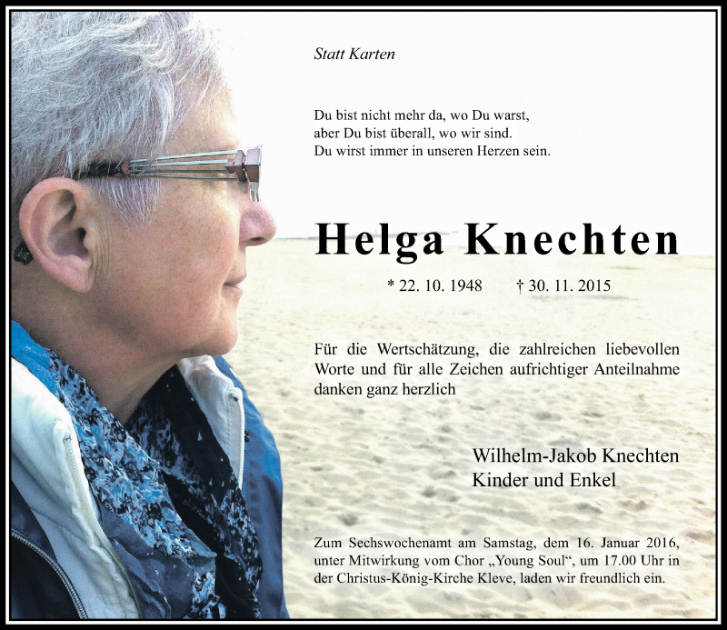  Traueranzeige für Helga Knechten vom 09.01.2016 aus Rheinische Post