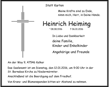 Traueranzeige von Heinrich Heiming von Rheinische Post