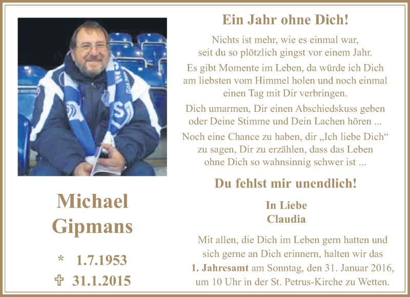  Traueranzeige für Michael Gipmans vom 23.01.2016 aus Rheinische Post