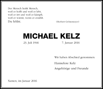 Traueranzeige von Michael Kelz von Rheinische Post