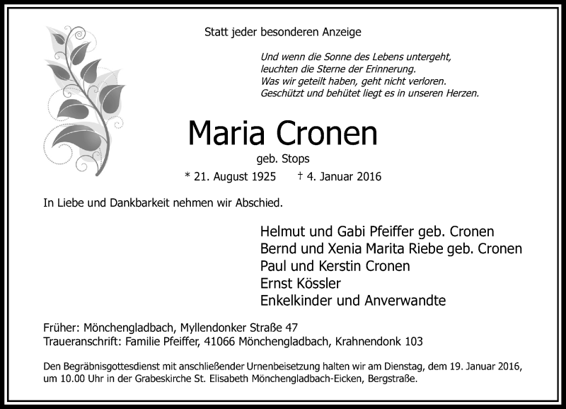  Traueranzeige für Maria Cronen vom 09.01.2016 aus Rheinische Post