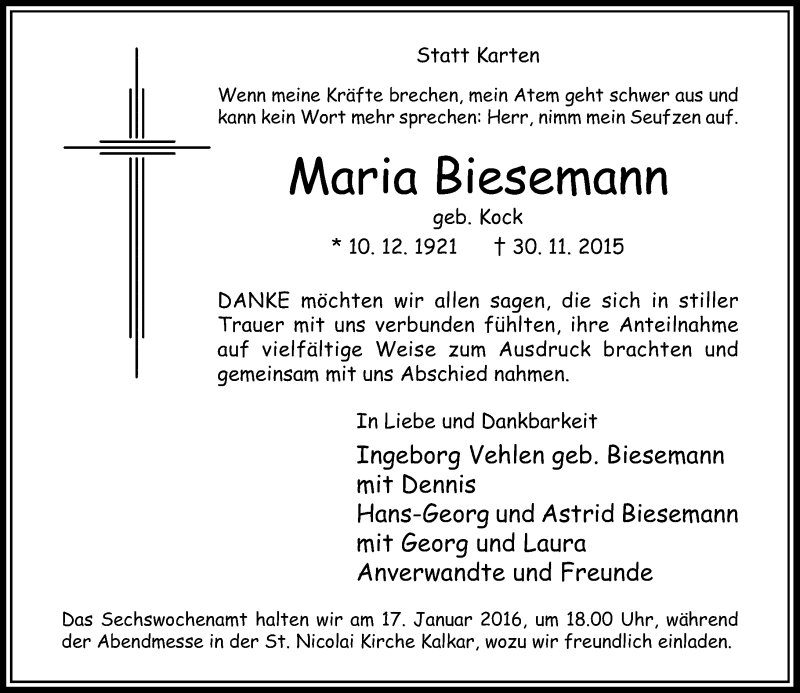  Traueranzeige für Maria Biesemann vom 09.01.2016 aus Rheinische Post