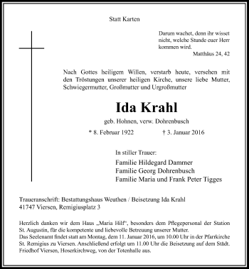 Traueranzeige von Ida Krahl von Rheinische Post