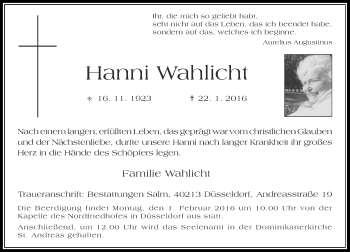 Traueranzeige von Hanni Wahlicht von Rheinische Post